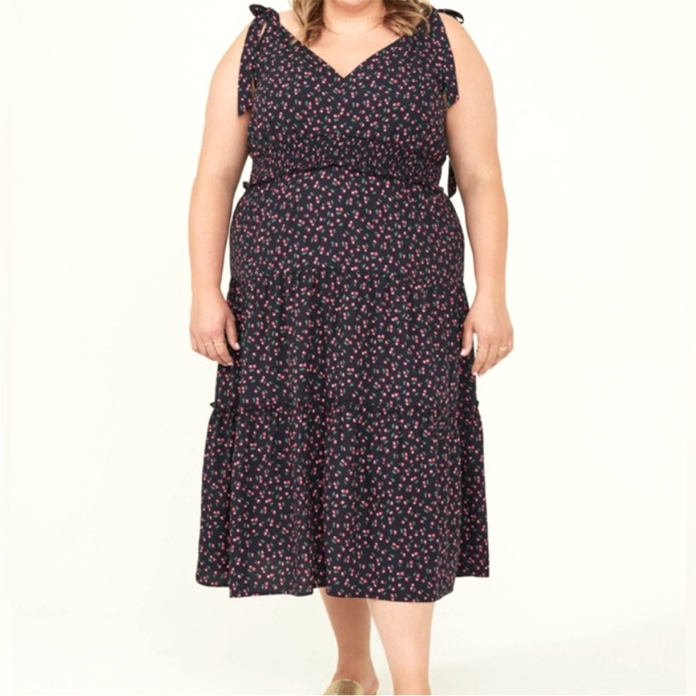 Arula Navy & Pink Cherry Print Tiered Sleeveless Adjustable Ties Dress